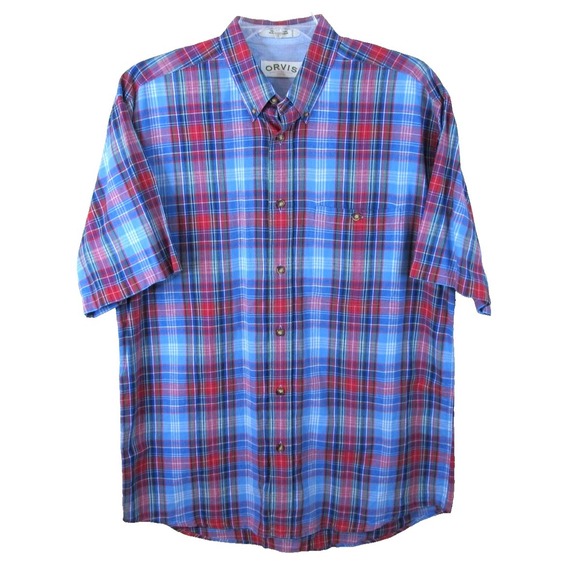 Orvis Short Sleeve Button Down Cotton Shirt Men's Large Red Blue Plaid - Picture 1 of 7